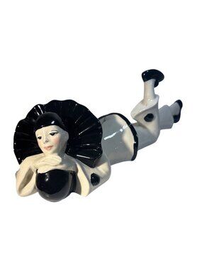 Vintage Ceramic Pierrot Clown Figurine Black & White Reclining Pose 10" Art Deco